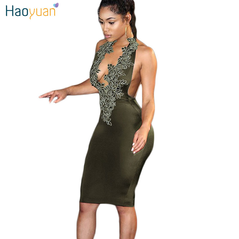 HAOYUAN Halter Deep-V Sexy Party Dresses 2017 Black Embroidery Backless Off Shoulder Dress Sleeveless Women Summer Bodycon Dress q1110