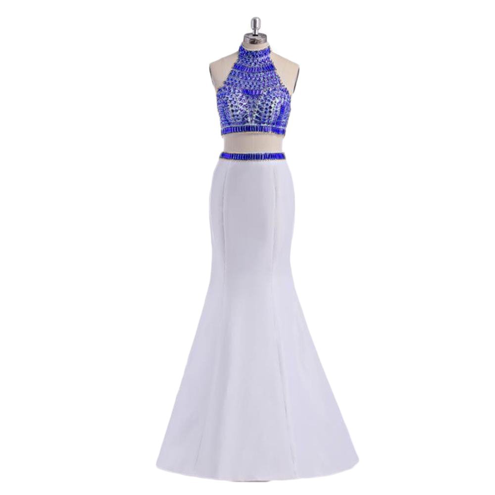 2017 Real Photos Royal Blue Gold Elegant Two Piece Prom Dresses Long Formal Evening Party Gown QC121