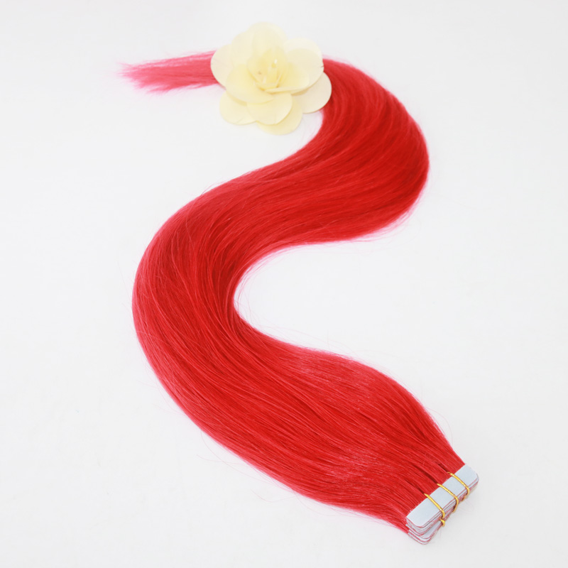 Full Hair Popular Multi-Colors Red Color Tape in Premium Remy Human Hair Extensions 20 Pcs Per Set 50g Weight Straight Human Hair