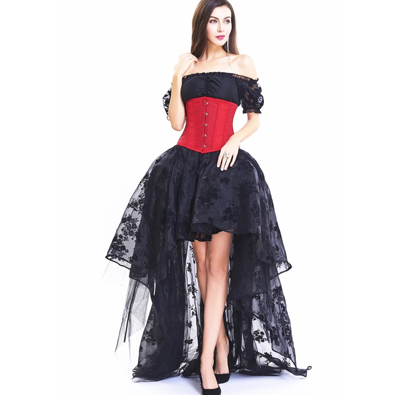 Lolita Lace Mesh Rose Floral Sleeves Crop Top with Floor Length High Low Asymmetrical Ruffler Multi Layer Mesh Floral Lace Hi-low Skirt