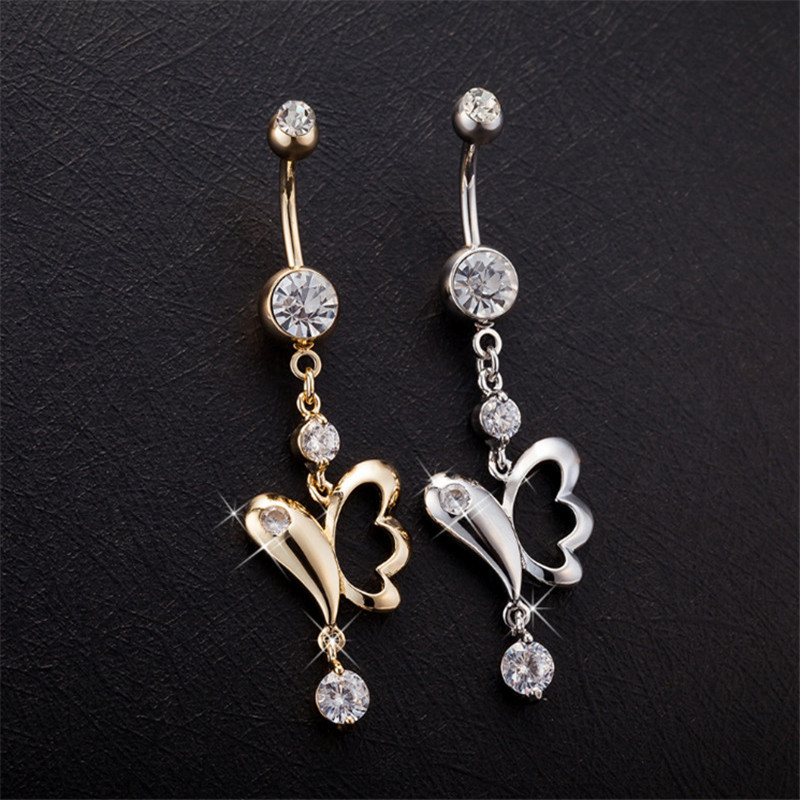 NEW High quality Medical Steel Crystal Rhinestone Butterfly Belly Button Ring Dangle Navel Body Piercings Lovery Navel Belly Free shipping