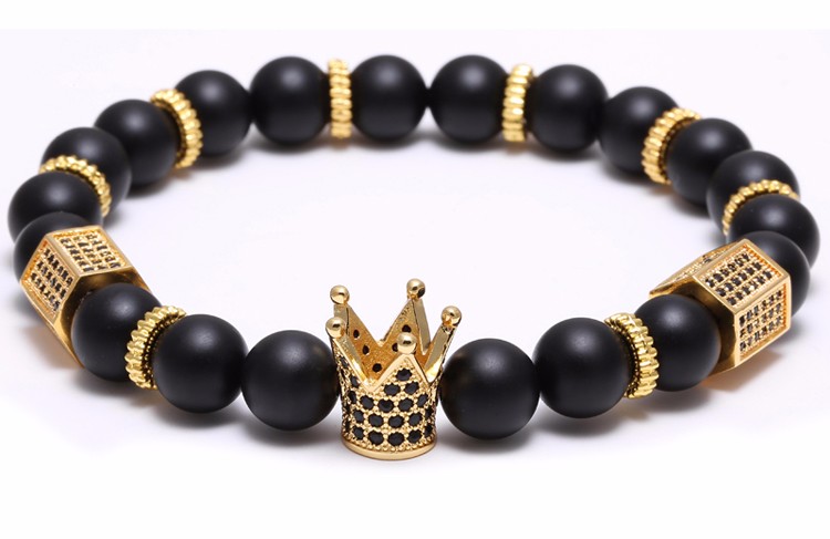Black Pave CZ zirconia Oro Rey crown charm Strands PULSERA Hombres enamel opaque matte brazalete de Cuentas Piedra