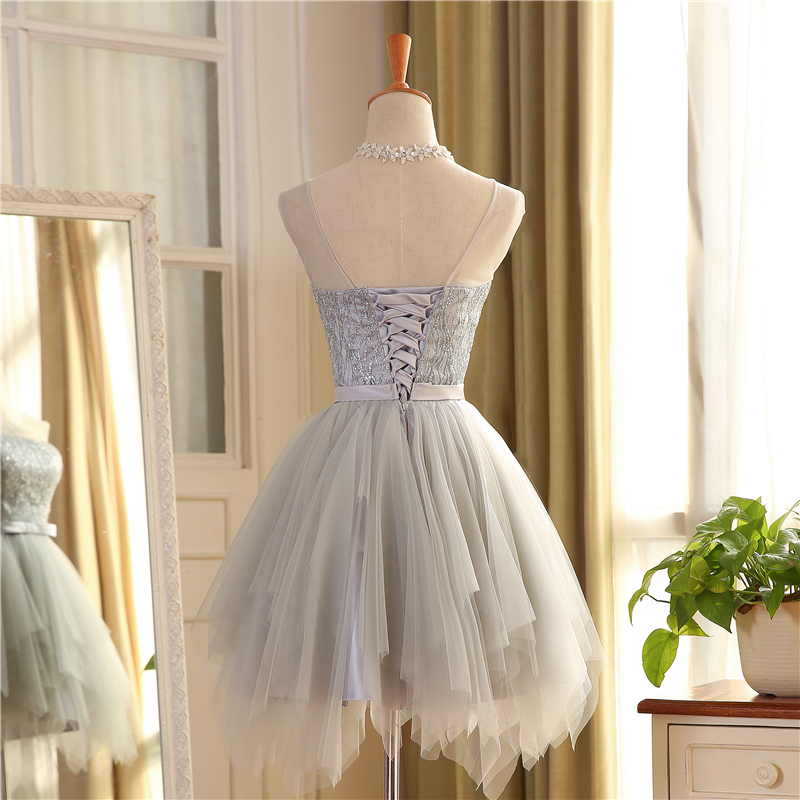 Light Gray Bridesmaid Dresses Knee-Length pleats Tulle with Sequins Bridesmaid GownsCountry Style Real Photos