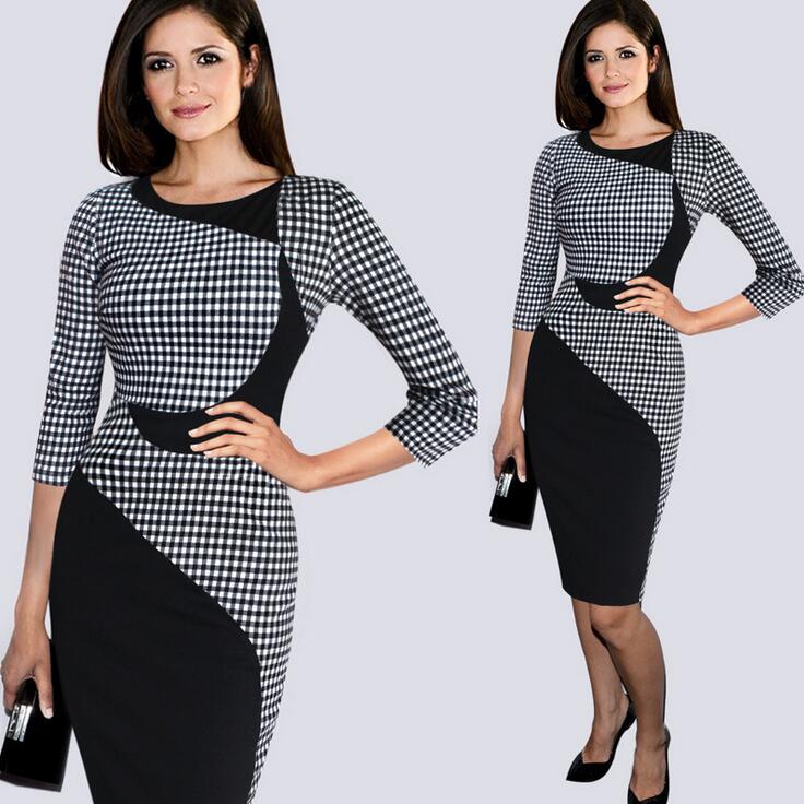 High quality women's Work Dresses classic lattice tattoo stitching Slim thin elastic package hip pencil skirt fashion dress LX030