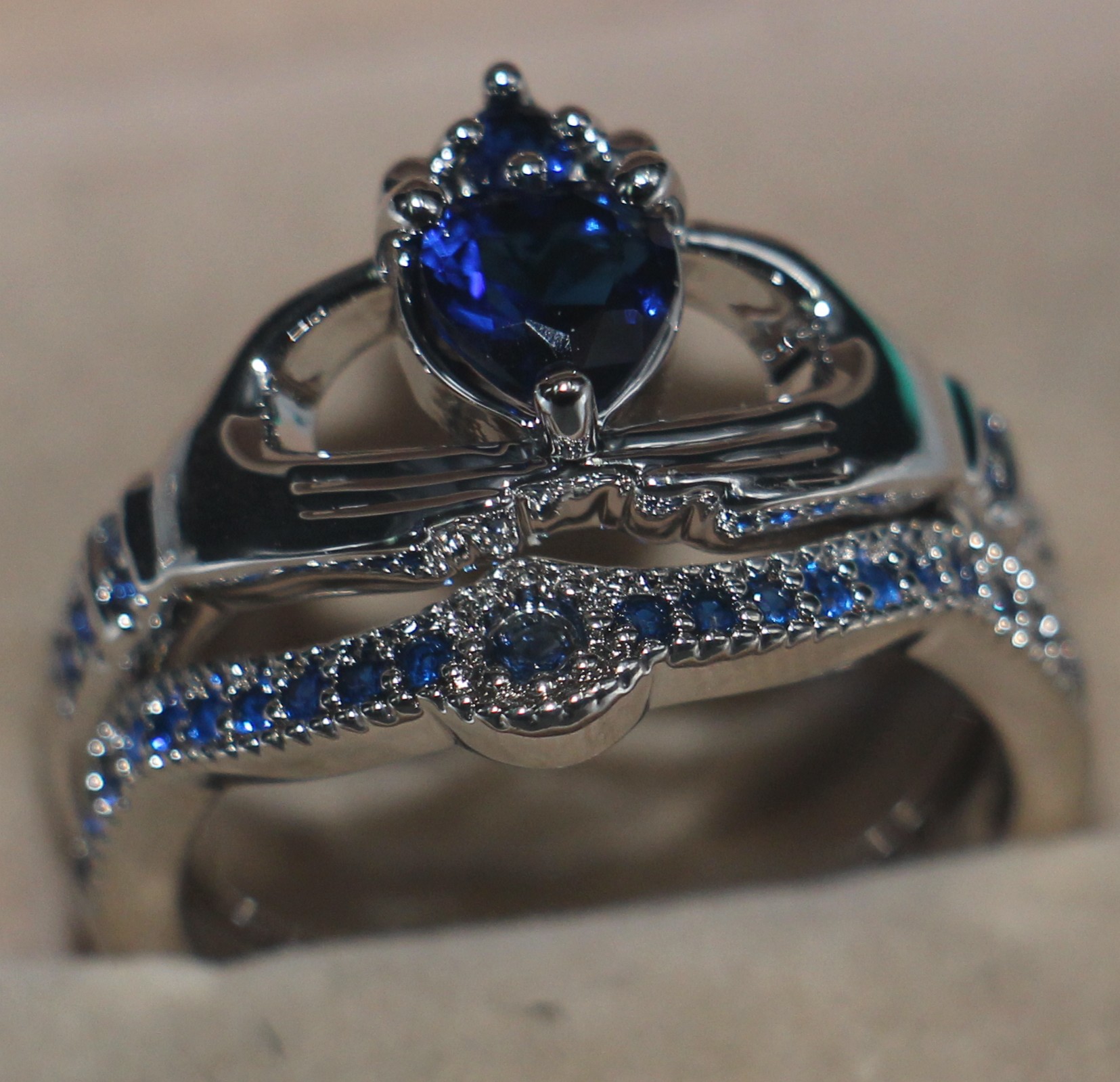Women's 10K White Gold Filled Heart Blue Sapphire Birthstone Ring, Sizes 5-11