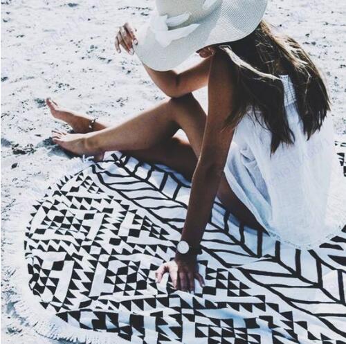 Geometric Print Beach Towel With Tassel Round Swimming Bath Towel Black White Gypsy Tapestry Wall Hanging Throw Towel Picnic Mat
