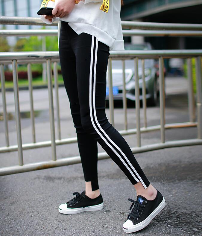 Newest arrival Stretch movement Women's Pants pencil nine feet Leggings Women side stripes were thin PW020 Womens Pant & Capris