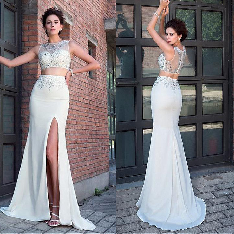 Bateau Neckline Two Piece Sheath/Column Prom Dresses With Beading Front Slit Crystals Evening Dress Event Dress vestido formatura longo, Sage 
Bateau Neckline Two Piece Sheath/Column Prom Dresses With Beading Front Slit Crystals Evening Dress Event Dress vestido formatura longo, Sage