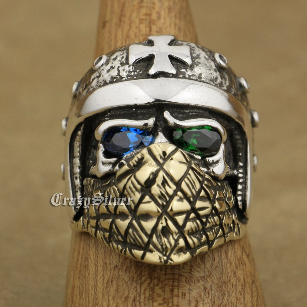 LINSION 925 Sterling Silver Motorcycle Helmet Skull Ring Blue+Green CZ Eyes Brass Mask Mens Biker Rock Punk TA29 US Size 7 to 15
LINSION 925 Sterling Silver Motorcycle Helmet Skull Ring Blue+Green CZ Eyes Brass Mask Mens Biker Rock Punk TA29 US Size 7 to 15