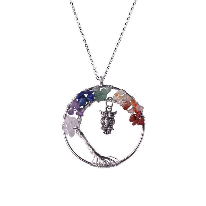 2018 12pc/set Handmade Rainbow Chakra Owl Tree of Life Necklace Multicolor Amethyst Rose Quartz Wisdom Tree Natural Stone Collier Necklace