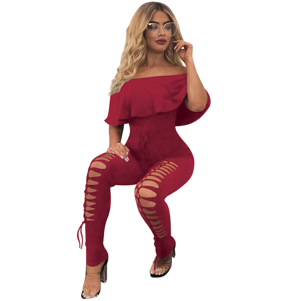 Jumpsuits Europe United States fashion solid color sexy strapless shoulder lotus leaf side thin piece pants Support mixed batch
