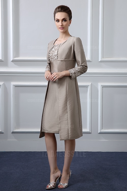 Two Piece Mother of the Bride Dresses With Jacket Taffeta Lace Applique Bead Sheath Knee-Length Mother Of The Groom Dress Wedding Guest Gown