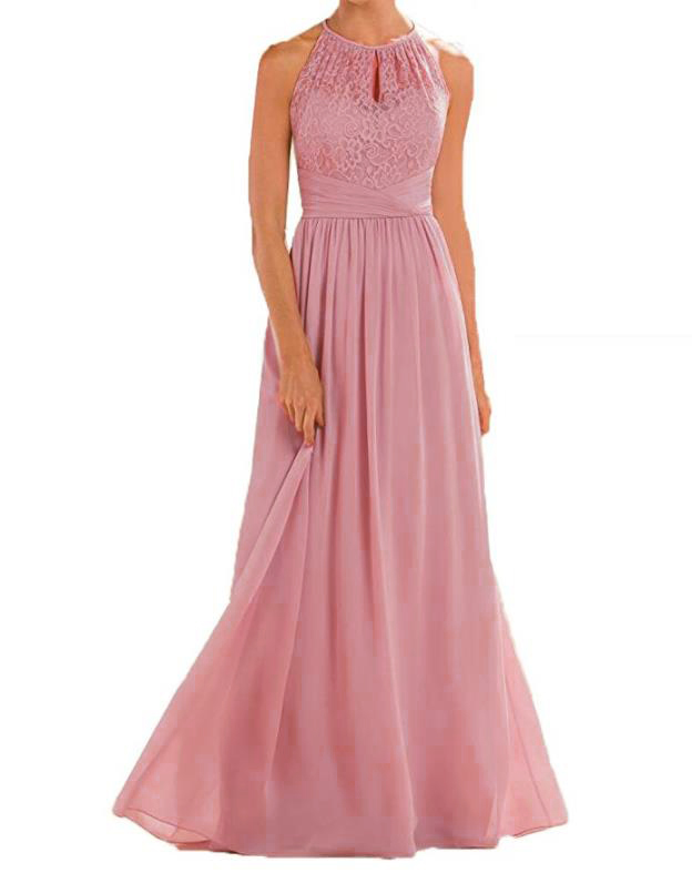 2022 Blush Pink Bridesmaid Dresses Long Country Style Halter Neck Lace Chiffon Full Length A-line Formal Wedding Guest Party Dress