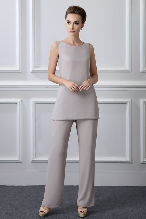 3 Pieces Plus Size Elegant Gray Chiffon Mother Of The Bride Pant Suit With Long Jactet For Fall