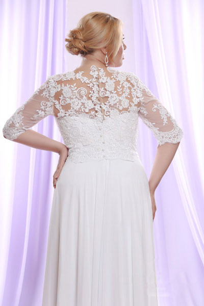 White Lace Plus Size Wedding Dresses With Sleeves Sheer Bateau Neck A-Line Bohemian Wedding Dress Floor Length Chiffon Beach Bridal Gowns