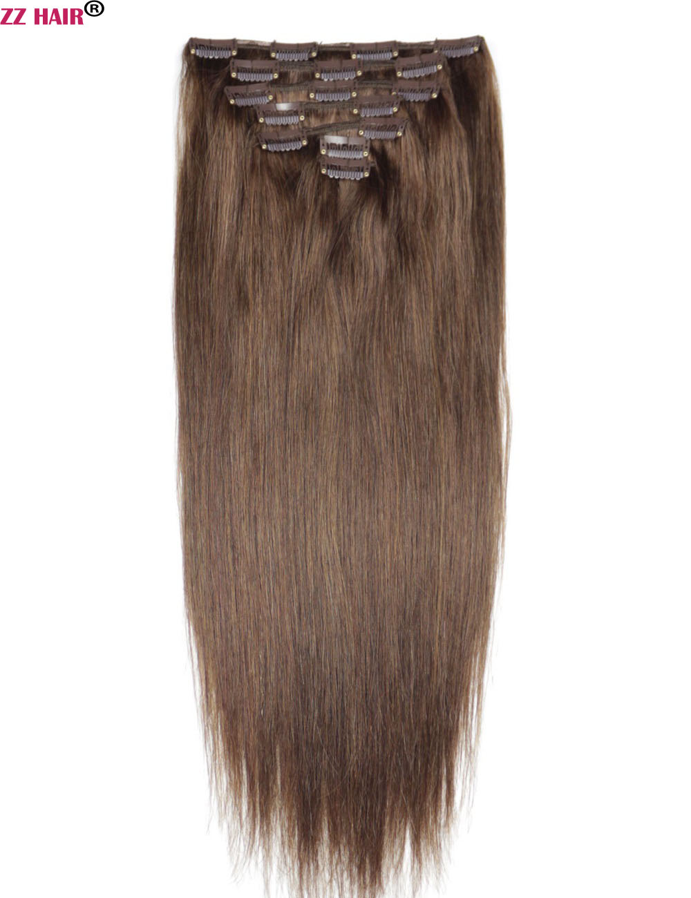 ZZHAIR 16"-26" 7pcs set Clips in/on 100% Brazilian Remy Human Hair Extension Full Head 100g-160g Natural Straight