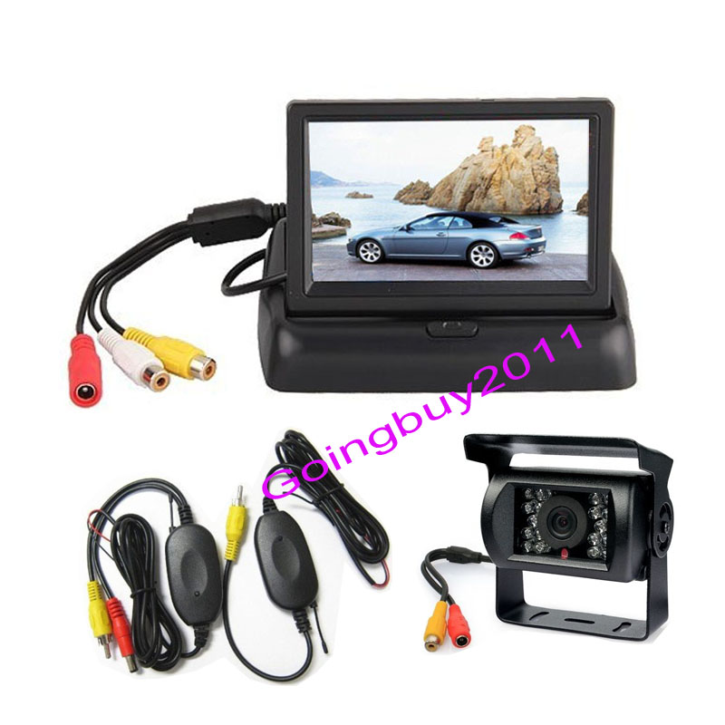 4.3" Car LCD Foldable Monitor Rear View Kit + Wireless 18IR Car Reversing Backup Camera