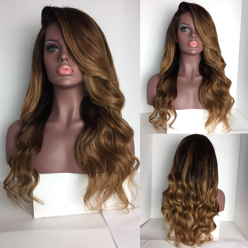 Free part High Temperature Fiber Hair Synthetic Lace Front Wig With Baby Hair Ombre Brown Wig For African American Wigs