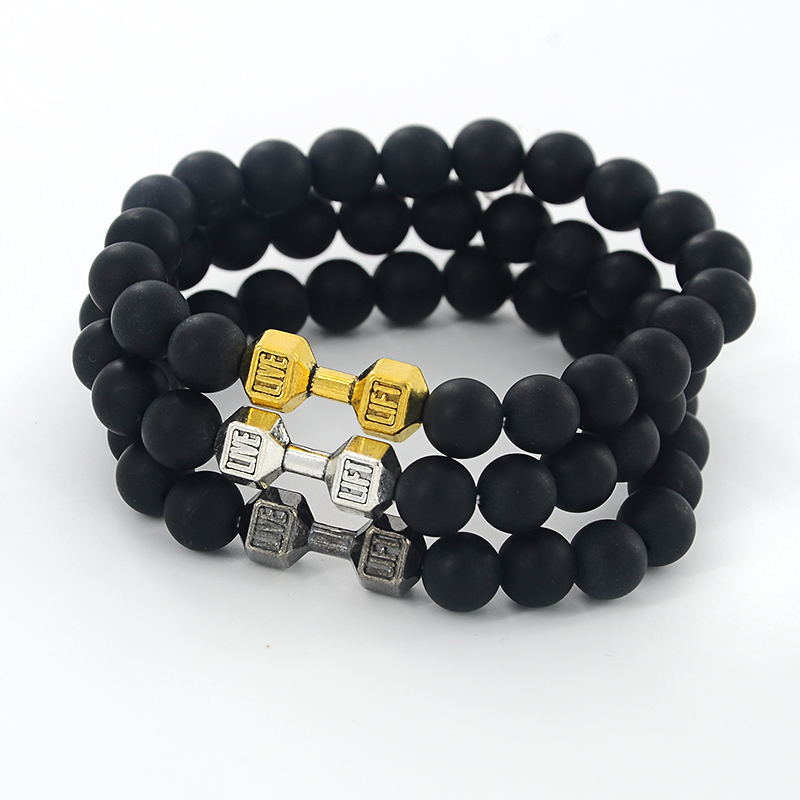 Wholesale-Mens Natural Stone Dumbbell Beaded Bracelets Unisex Black Lava Stone Beads Fitness Fit Life Prayer Bracelets Barbell Jewelry