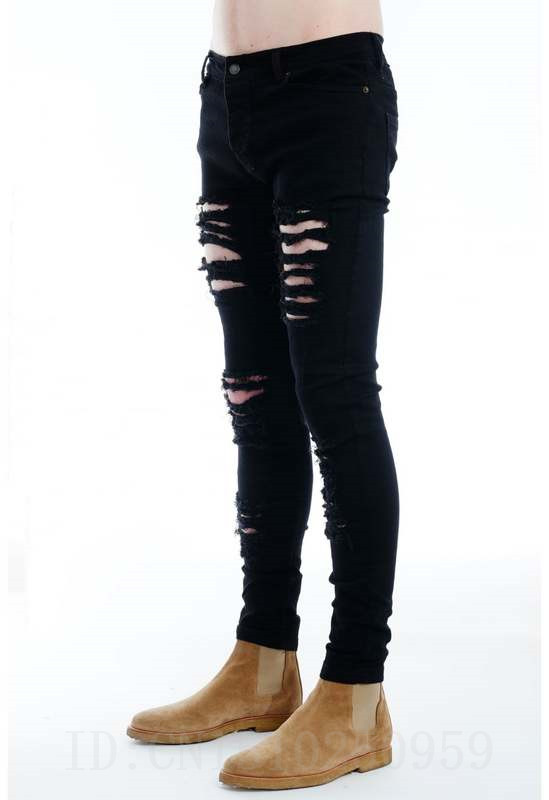 Wholesale-New hip hop youth fashion trends mens designer clothes 30-36 black stretch rockstar moto rock skinny distressed ripped jeans