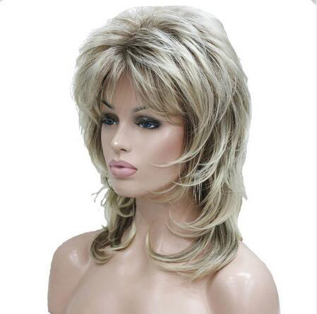 16 inch Lady Women Blonde With Dark Root Medium Length Cascaded Layers Synthetic Hair Full Wig