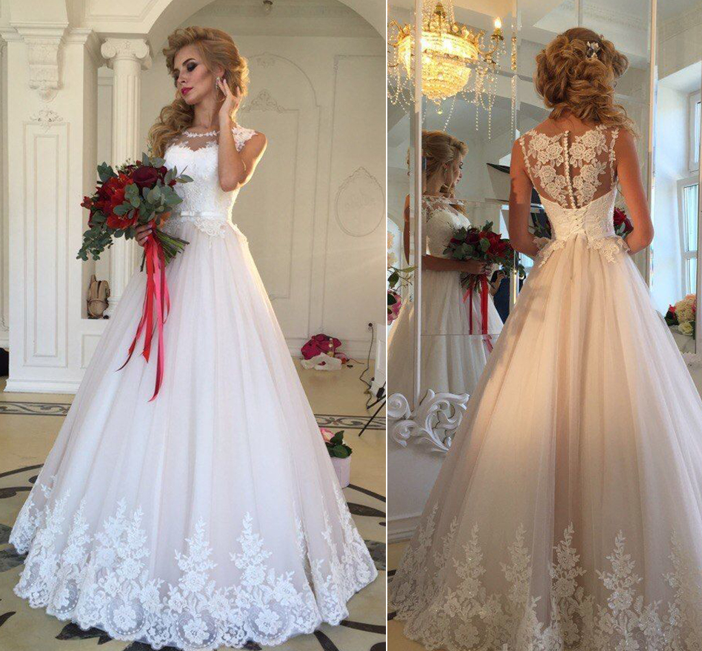 Exquisite Appliques Lace Tulle Wedding Dresses Sheer Neck Sleeveless Floor Length Ball Gown Wedding Dresses Illusion Back Bridal Dresses, Ivory
Exquisite Appliques Lace Tulle Wedding Dresses Sheer Neck Sleeveless Floor Length Ball Gown Wedding Dresses Illusion Back Bridal Dresses, Ivory
