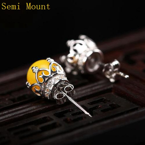 Fine Silver Art Deco 925 Sterling Silver 7x7mm Pearl or Round Bead Semi Mount Stud Earrings