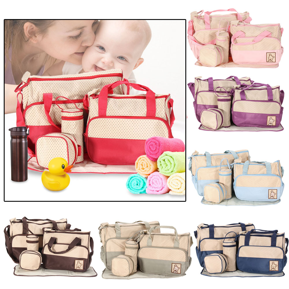 Diaper Bags Wholesale- 5Pcs/Set Multifunctional Mummy Baby Bag Diaper Nappy Changing Handbag 5 Size Diaper Towel Baby Clothes Milk Bottle Storage Bag 