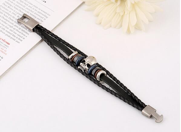 Meaeguet Men's Leather Skull Bracelets Rock Punk Stainless steel Skeleton Charms Cuff Bracelet Bangles Casual Jewelry G44