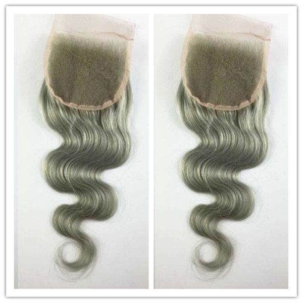 4*4inch 10&quot;-20&quot; Peruvian Human Hair Brazilian Body Wave Pure Silver Grey human hair Top Closure Bleached Knots fast shipping от DHgate WW