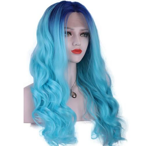 Fashion High Temperature Fiber Heat Resistant Natural 22" Long Body Wave Two Tones dark blue Ombre blue Roots Synthetic lace front Wigs
