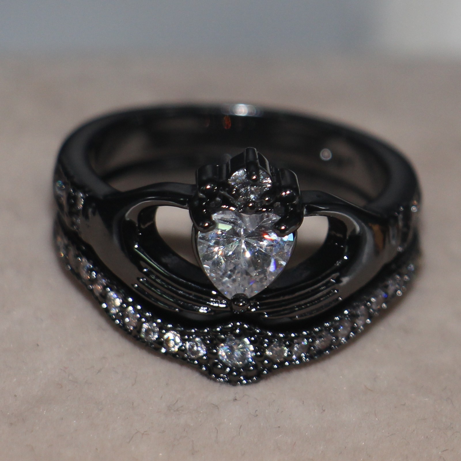 Exquisite 10K Black Gold Filled Heart Topaz Wedding Bridal Claddagh Ring Set for Women, Sizes 5-11