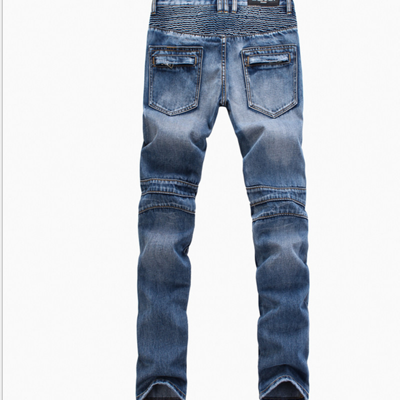 Wholesale-Dark gray new high quality men jeans Slim motorcycle moto biker jeans designer fashion brand thick cotton denim Cargo Pants