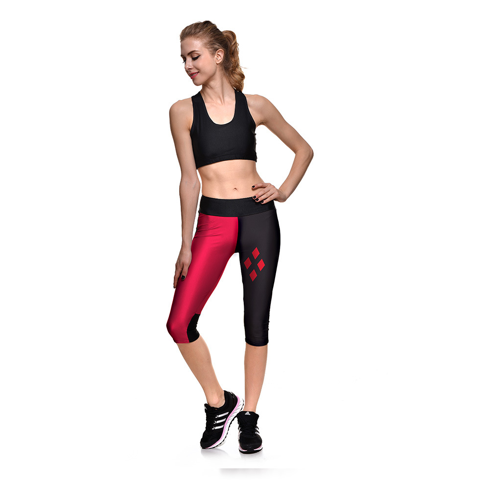 High quality Summer digital printing red and black Women's Leggings four-shaped hip waist 7 points sports pants W062 Womens Legging