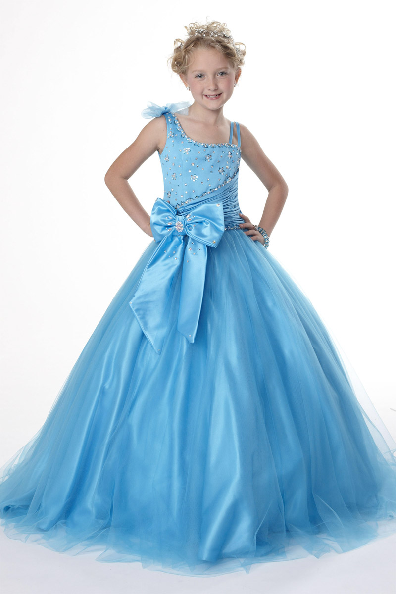 Lovely Turquoise Tulle Bow Straps Beads Flower Girl Dress Princess Pageant Dresses Girl Party Dresses Custom Made Size 2-14 HF419001