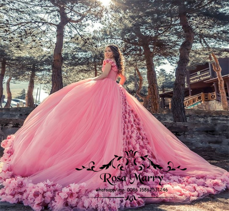 Princess Pink 3D Floral Ball Gown Prom Dresses 2020 Off Shoulder Heavy Beaded Plus Size Puffy Tulle Arabic Dubai Quinceanera Party Gowns