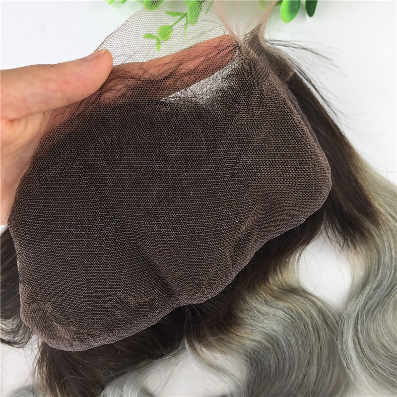 13x4 Brazilian Lace Frontal Closure Ombre 1b Grey Human Virgin Hair Straight Body Wave Bleached Knots Free Part