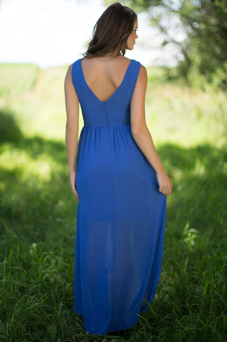 Blue High Low Lace Country Bridesmaids Dresses Bateau Neck Wedding Guest Dress Appliques Cheap Chiffon Maid Of Honor Gowns