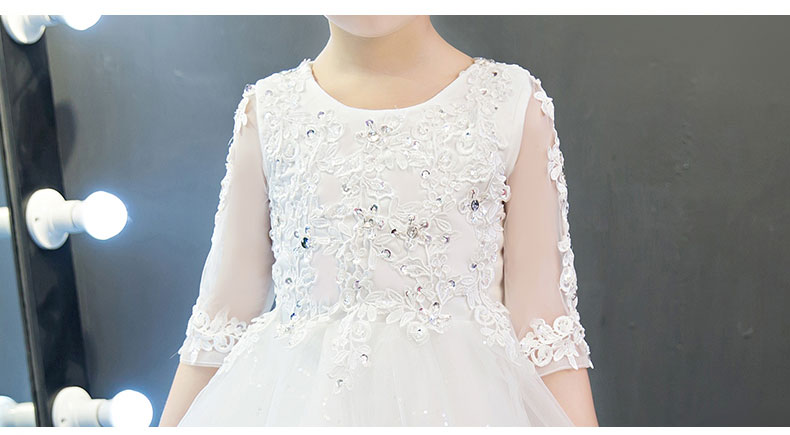 Elegant Flower Girl White Lace Wedding Dress Sequin Appliques Party Tulle Princess Birthday Dress Half Sleeve First Communion Gown