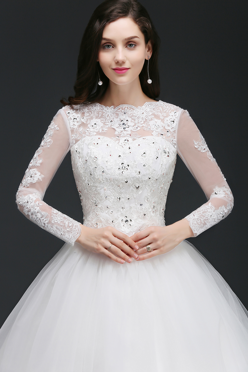 Stock Ball Gown Dresses Long Sleeves Sheer Jewel Neck Dubai Wedding Gowns With Appliques Crystal Sexy Backless Vestido De Novia Best 6660311