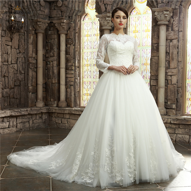 2017 Hot Sale Long Sleeves Lace Ball Gown Wedding Dresses Organza Appliques Cheap Vintage Plus Size Bridal Gowns BM25