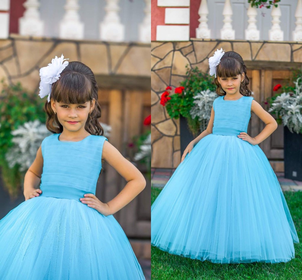 arabic blue simple flower girl dresses crew ball gown tulle child wedding dresses vintage little girl pageant dresses
