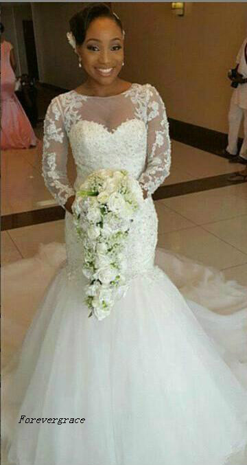Vintage Saudi Arabia Dubai Mermaid Wedding Dress Sheer Lace Appliques Long Sleeves Garden Formal Bridal Gown Plus Size Custom Made