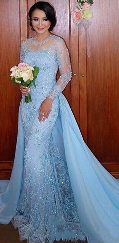 Long Sleeve Lace Evening Dresses Mermaid 2022 Vestido De Festa Sheer Neck Elegant Formal Evening Gown Removable Train Beaded Prom Gowns