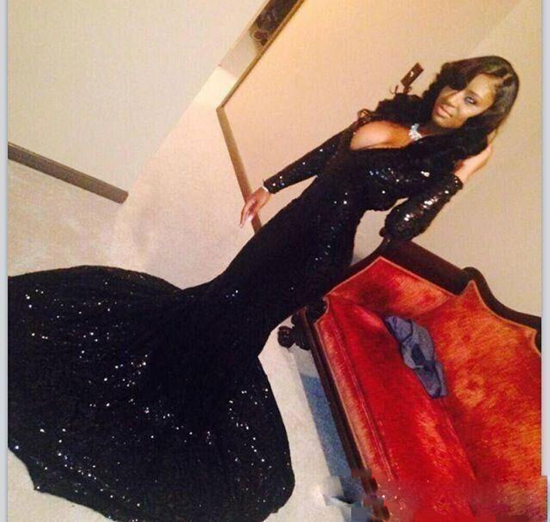 2K17 Long Sleeves Sequins Prom Dresses Bling Bling Sexy Plunging Neckline Court Train Evening Gowns Cheap Women Formal Mermaid Party Dresses