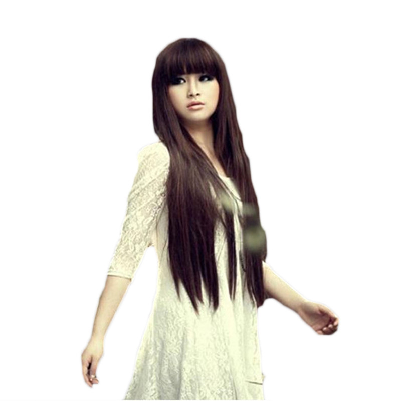 WoodFestival long black wig with bangs brown Straight Wigs For Women Hair neat bang synthetic fiber cosplay