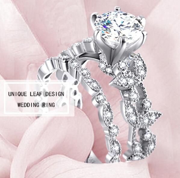 Sterg Sier Wedding Bridal Leaf Ring Set: Elegant Round Cubic Zirconia Crystal Gemstones