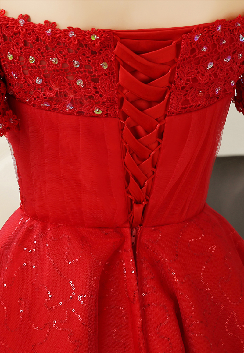 New Red Evening Dresses with Short Sleeve Elegant Girls Women Bride Gown Fashion Off the Shoulder Ball Prom Party Graduation Formal Dress