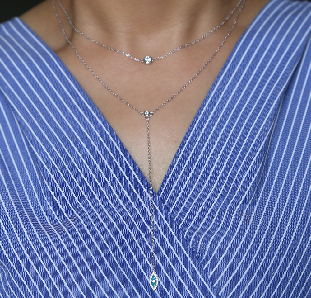 factory fine 925 sterling silver rose gold color rhodium Bling sparking cz evil eye lariat choker double layer delicate sexy women necklace