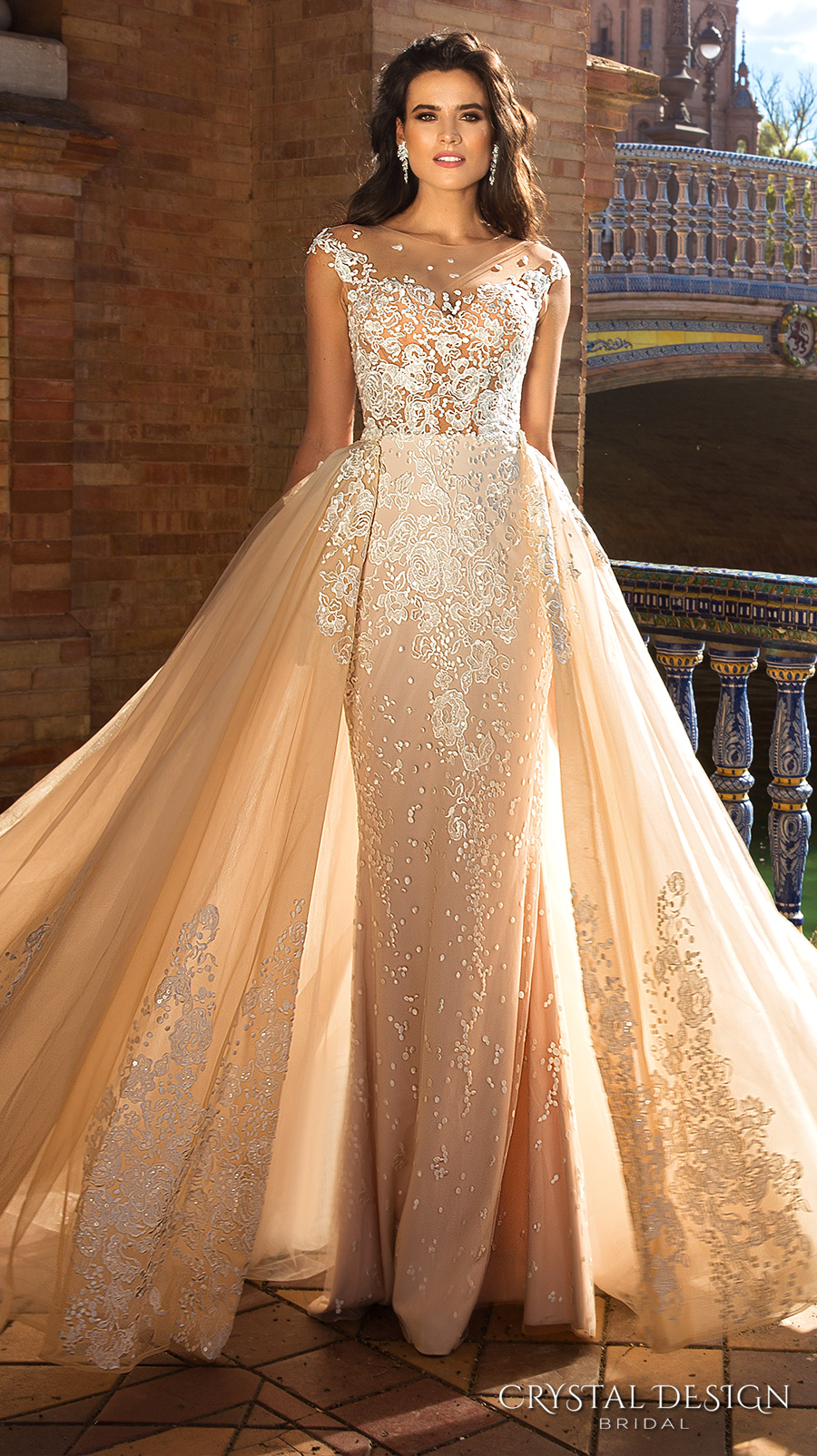 Crystal Design 2020 Bridal Capped Sleeve Jewel Neck Heavily Embroidered Bodice Detachable Skirt Sheath Wedding Dresses Low Back Long Train
